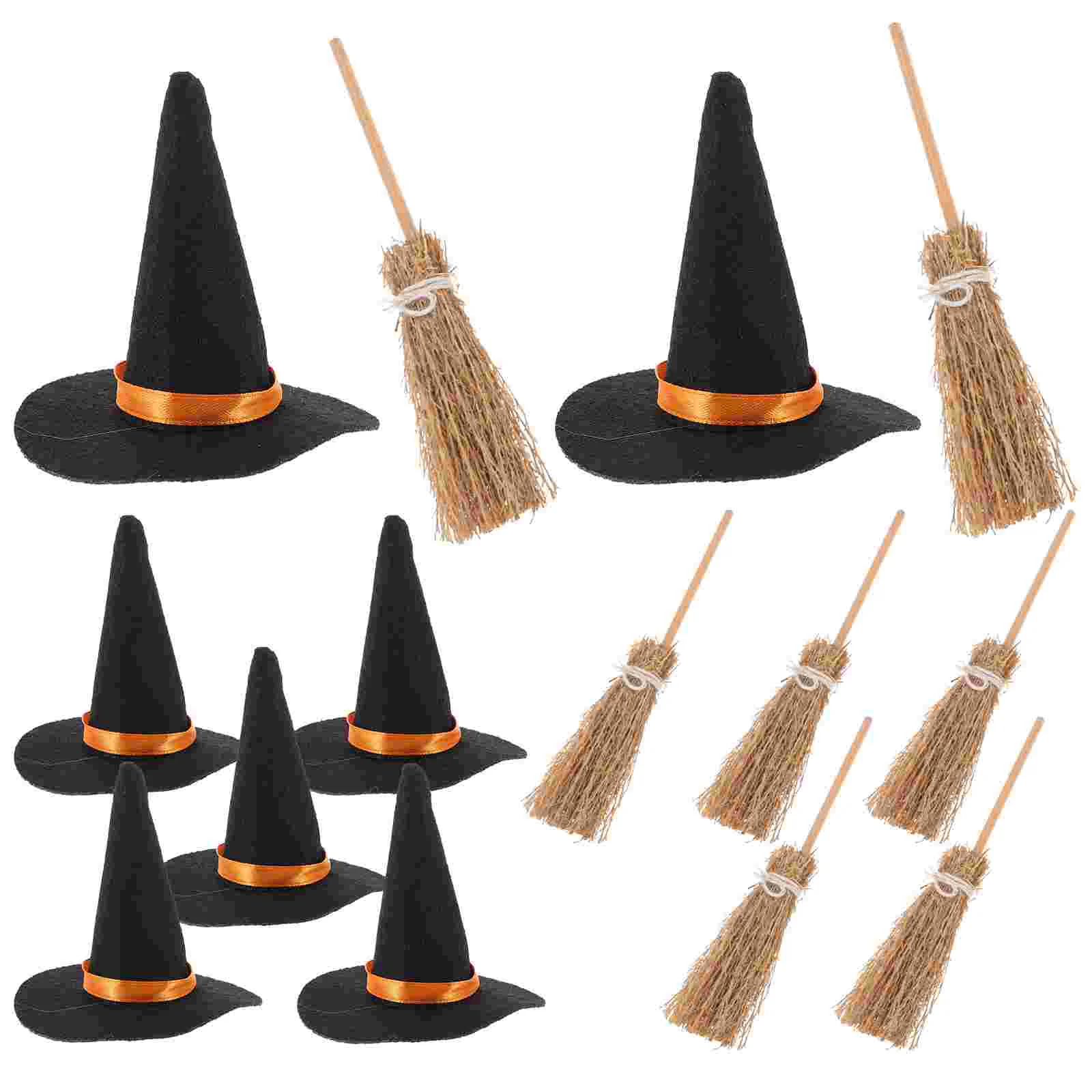 7 Set Halloween Felt Witch Hat Brooms Tiny Decorations Mini Hats for Drinks Miniature Wooden Party Child Ornament