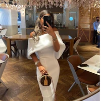 verngo arabic women white formal evening party dresses tea length off the shoulder stretch satin sheath prom gowns bow back