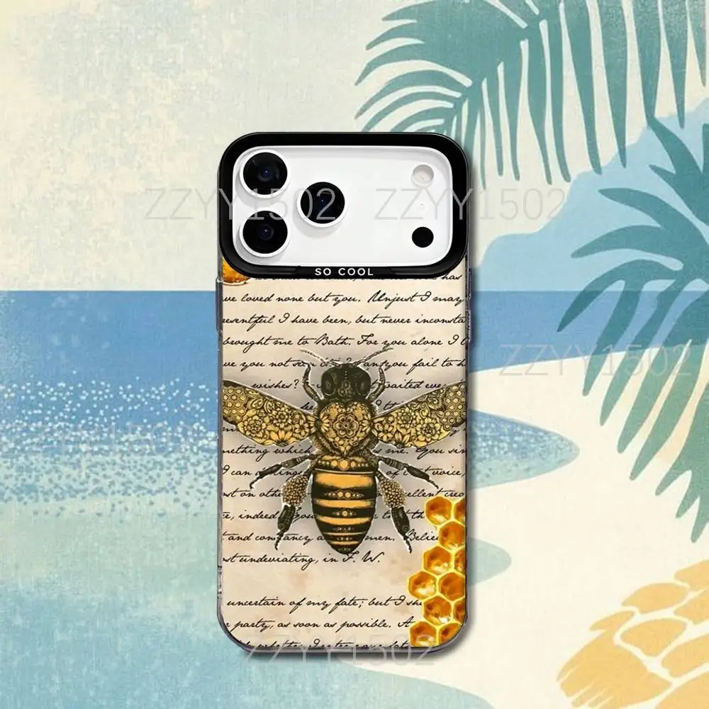 Фото Чехол для iPhone 17, 16, 15, 14, 13, 12, X, 8, Pro, Max, Plus, SE4, Air, Mini с матовым покрытием IMD, черный, с защитой от скольжения, с дизайном «Милые пчелы и мед» №3