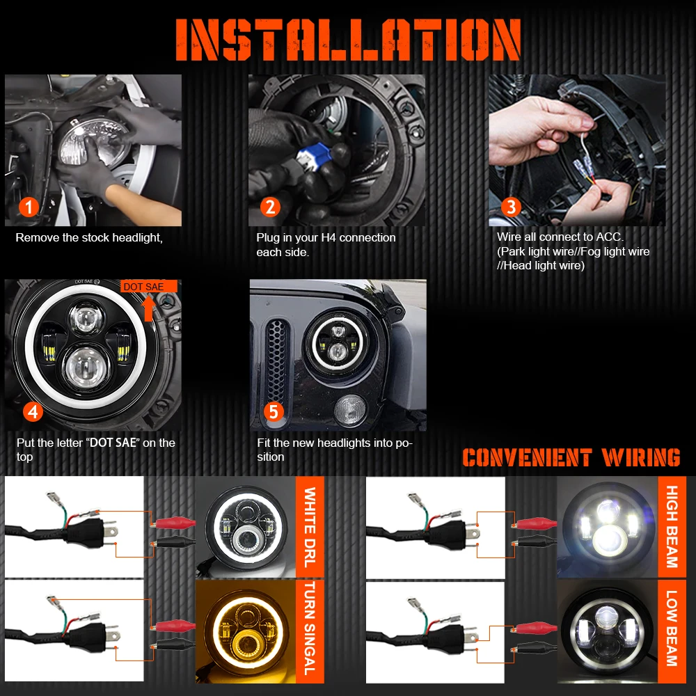 CO LIGHT 7 Inch Led Headlight H4 DRL Round 7'' Headlights with Yellow & White Angel Eye for Jeep Wrangler Lada Niva 4x4 50W 30W