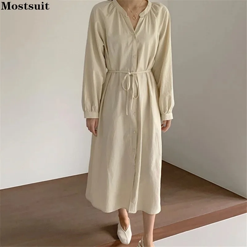 

Однобортное однотонное свободное платье, женские длинные платья с рукавами-фонариками, V-образным вырезом и поясом, корейские винтажные пов...