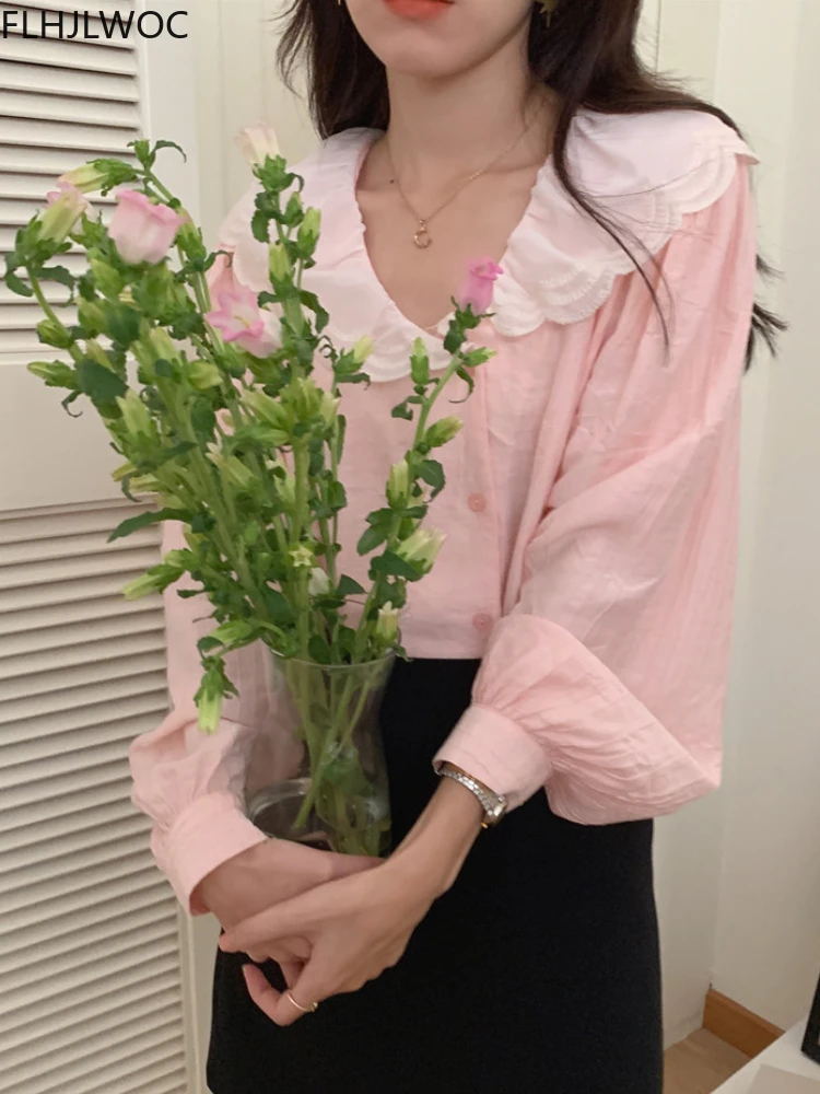 

Pink Sweet Button Solid White Shirt 2022 Summer Korea Japan Style Preppy Gilrs Women Long Sleeve Cute Peter Pan Collar Tops