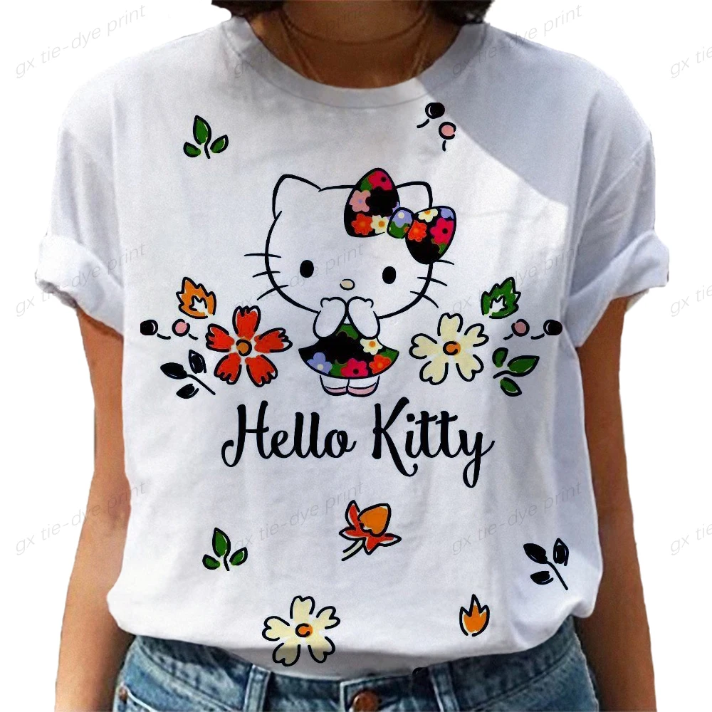

Футболка женская с круглым вырезом, милая рубашка с принтом Hello Kitty, Повседневная Блузка с коротким рукавом, в стиле Харадзюку