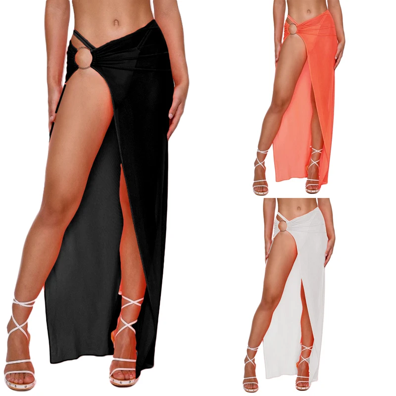 Летняя Новинка Женская длинная саронг сетчатая пляжная юбка однотонный чехол