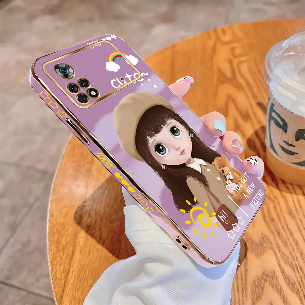 

For Xiaomi Poco X4 Pro 5G Poco X4 NFC Poco X4 GT Luxury Square Case Cartoon Girls Plating Soft TPU Cover Shockproof Cases