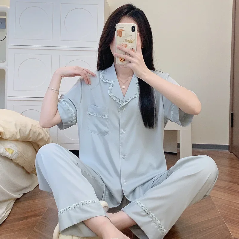 Женские атласные пижамные комплекты из двух предметов брюки с коротким рукавом и