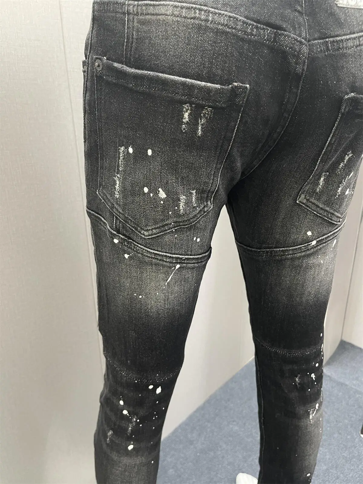 2023 New Stereoscopic Cut Denim Pants Black Slim Fit Splice Small Foot Micro Elastic Hole Patch Small Foot Jeans for Men