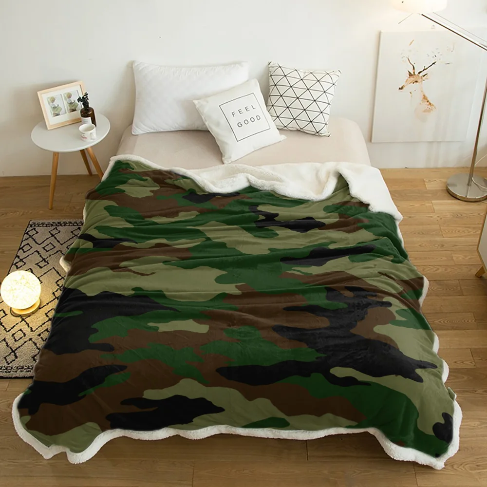 

Зеленое камуфляжное зимнее шерстяное плюшевое одеяло, толстое Флисовое одеяло для путешествий, офиса, дивана, кровати, покрывало