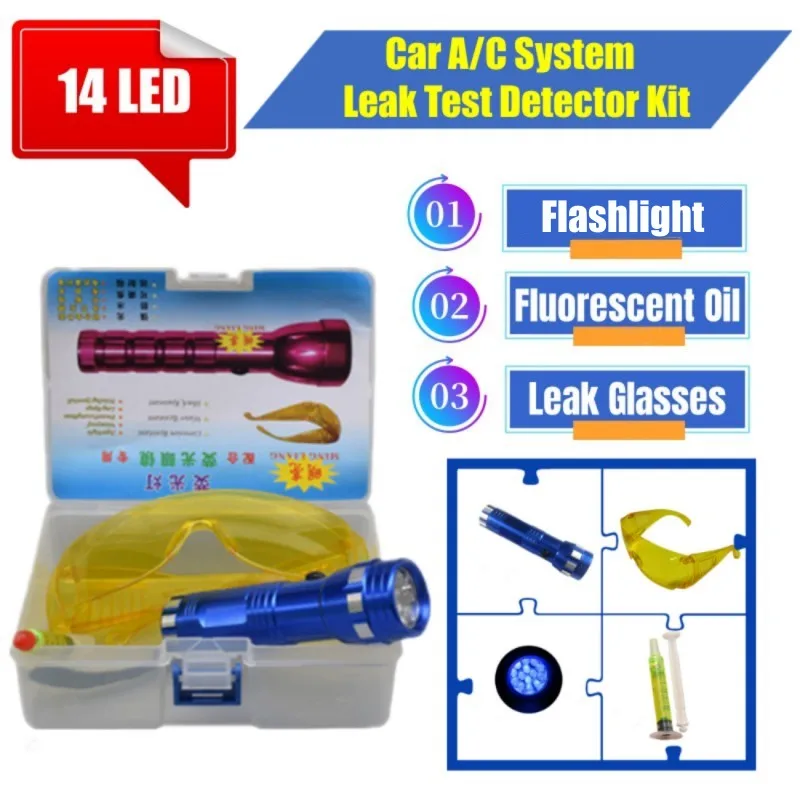 R134A R12 Car  Air Conditioning A/C System Leak Test Detector Kit 14 LED UV Flashlight  Glasses Fluorescent oil Tool Set