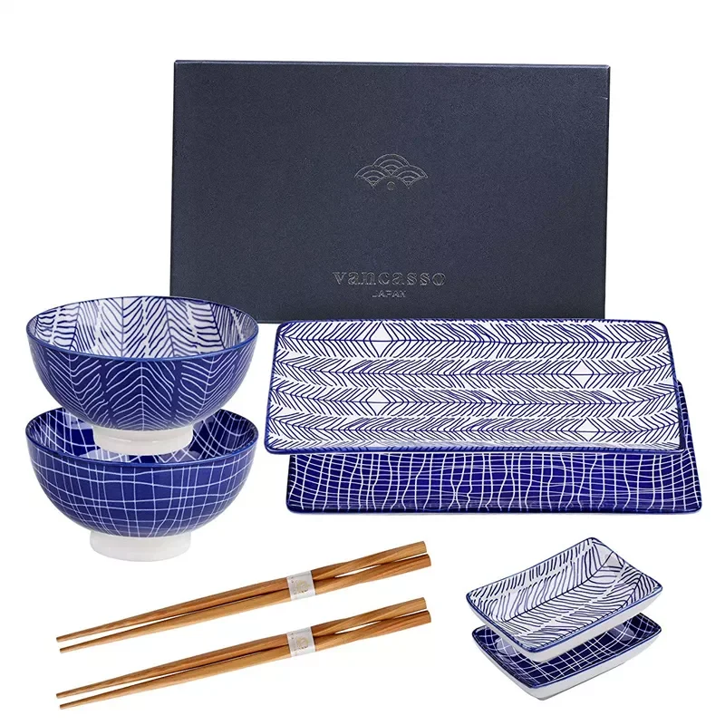 

Takaki Japanese Style Porcelain Sushi Set with 2*Sushi Plates,Bowl,Dip Dishes,2 Pairs of Bamboo Chopsticks Set Gift Box