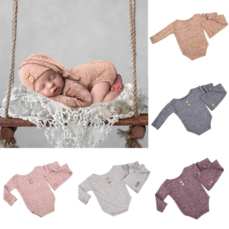 ❤️Newborn Photography Clothing Hat+Jumpsuit 2Pcs/set Baby Photo Props Accessories Studio Infant Shoot Colored Cotton Clothes