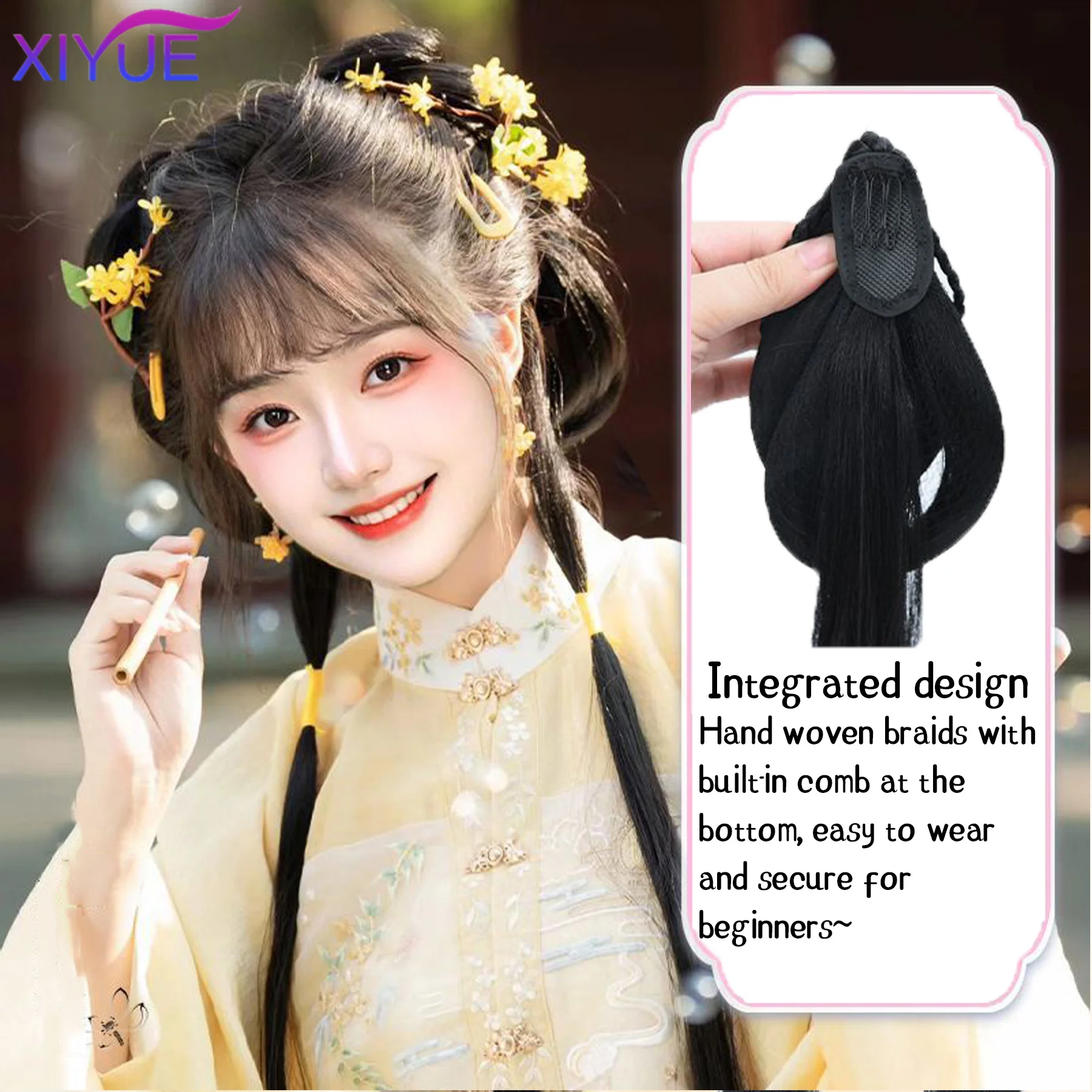 Chinese Ancient Wig Women Hanfu Wigs Headdress Photography Dance Accessory Black For Integrated Hair bun High tem