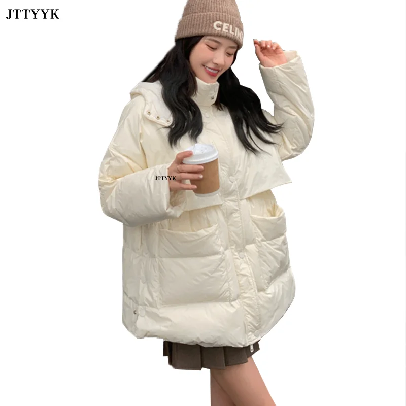

Korean Fashion Down Jackets Women Winter 2022 Medium Long White Duck Coats Female Jackets oversized Hooded Warm Parka Clothing