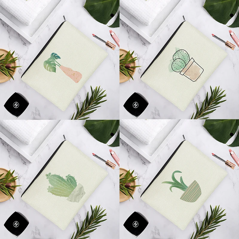 

Simple Nordic Style Little Cactus Green Plants Linen Cosmetic Bag For Beauty Women Makeup Easy Carry Storage Travel