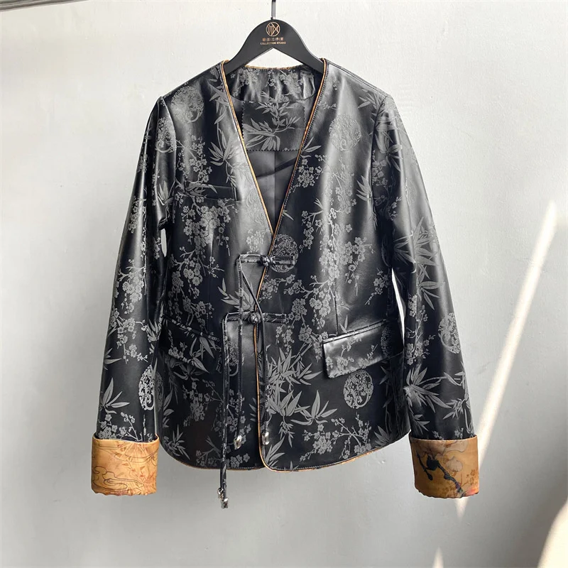 

Genuine leather jacket 2023 autumn and winter new Chinese style foam process printed V-neck sheepskin top coat for women