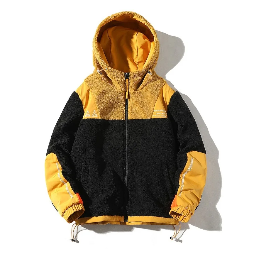 Color-blocked Stitching Imitation Lamb Wool Jackets Men Autumn and Winter Ins Trend Embroidered Hooded Warm Jacket Parka Hombre