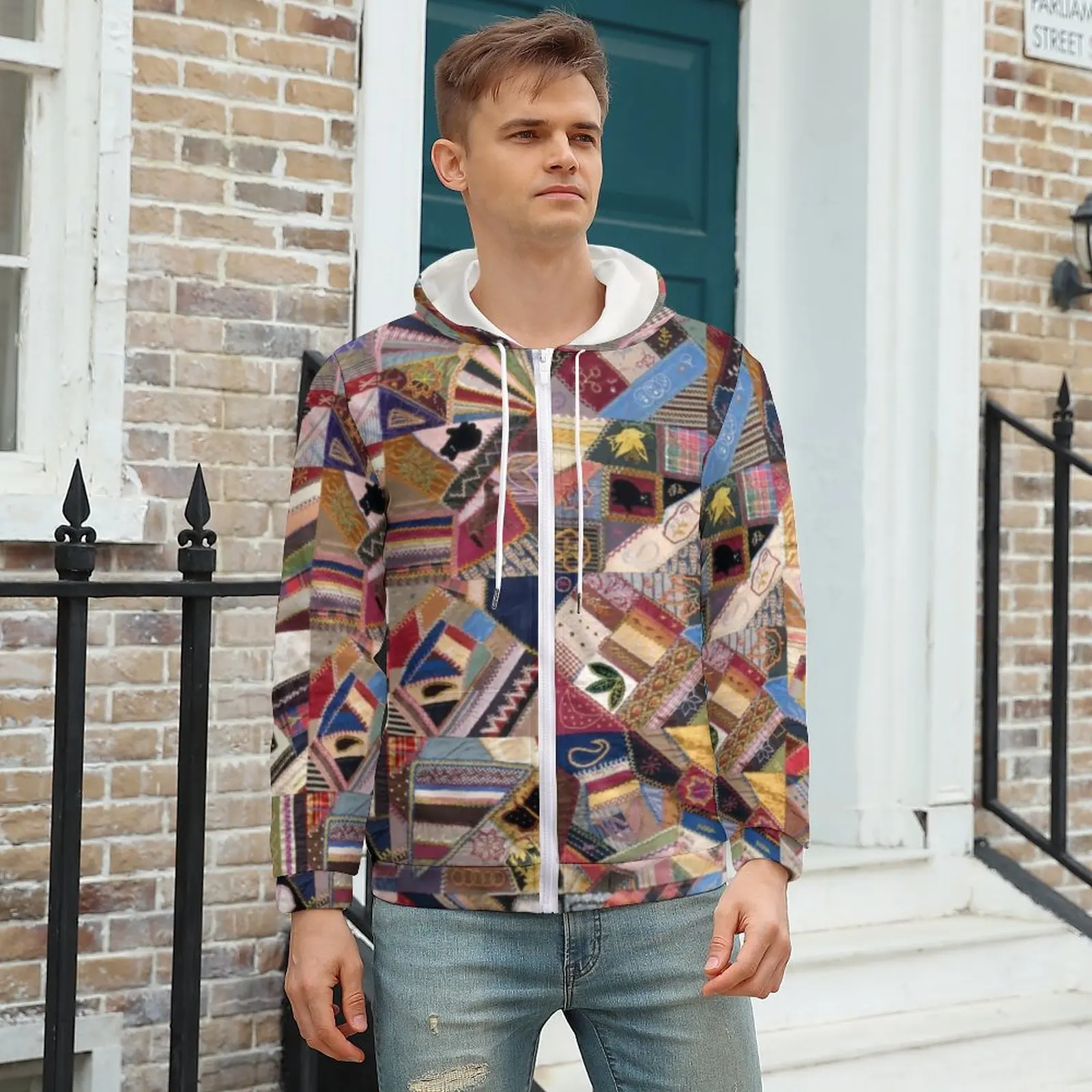

Patchwork Quilt Hoodies Abstract Vintage Print Warm Polyester Hoodie Fashion Zip Up Hoodie For Men Plus Size XXXL