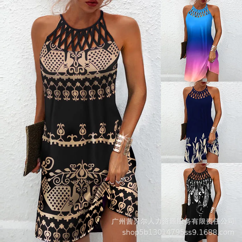 Plants Mini Dress Sleeveless O Neck Sexy Casual Print Hollow Out Casual...