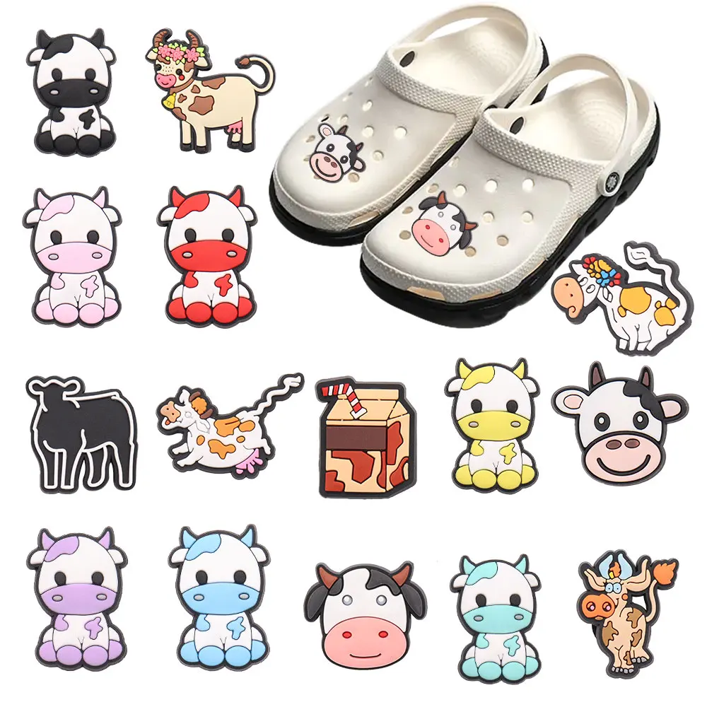 1-15Pcs PVC Lovely Cows Kids Shoes Button Animals Slippers Shoe Charms Buckle Fit Croc Jibz Birthday Present