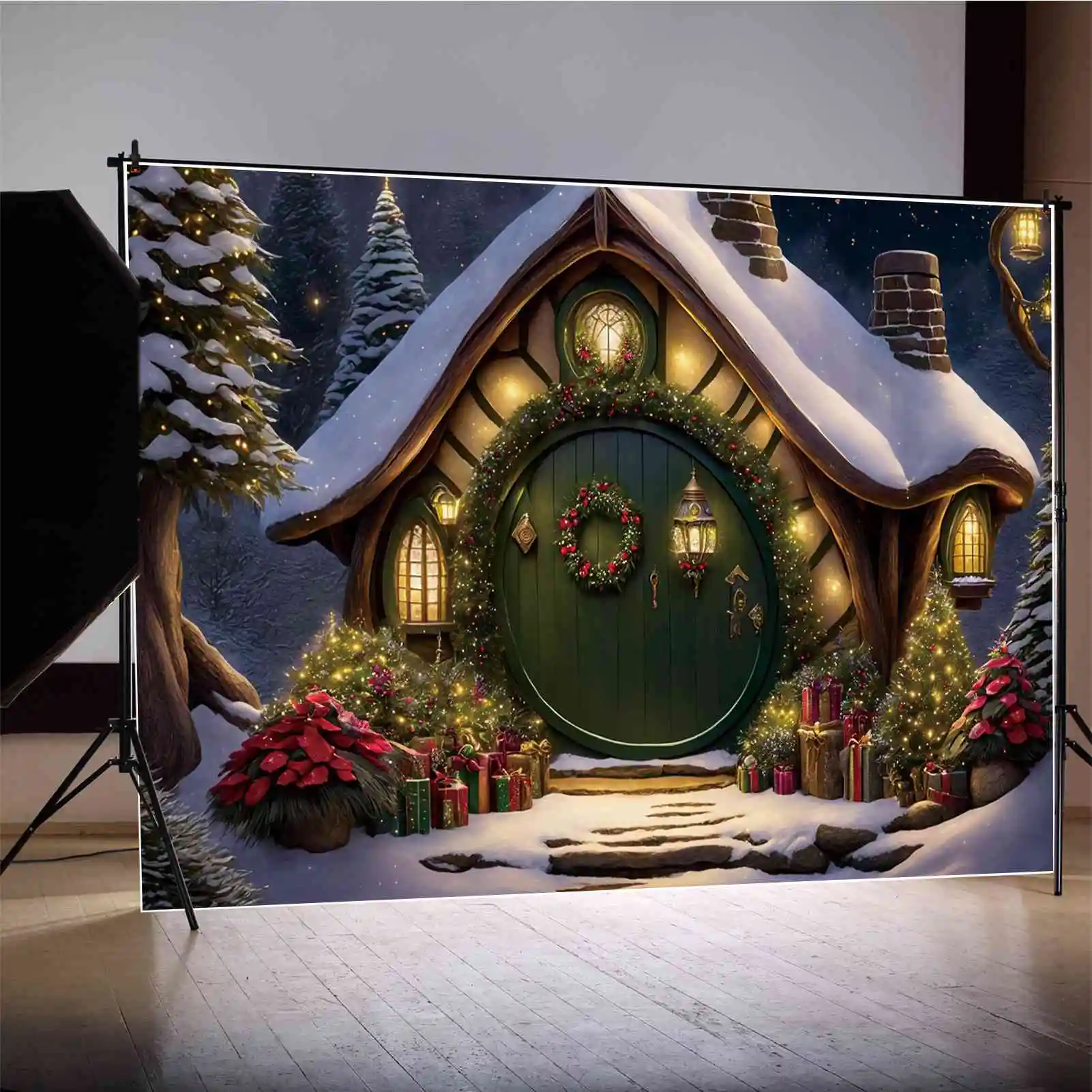 

Фон MOON.QG с рождественскими украшениями, Декор, реквизит для детской фотосъемки, фон, домашняя елка, подарок, Зеленая дверь, гном, хижина, фотосессия