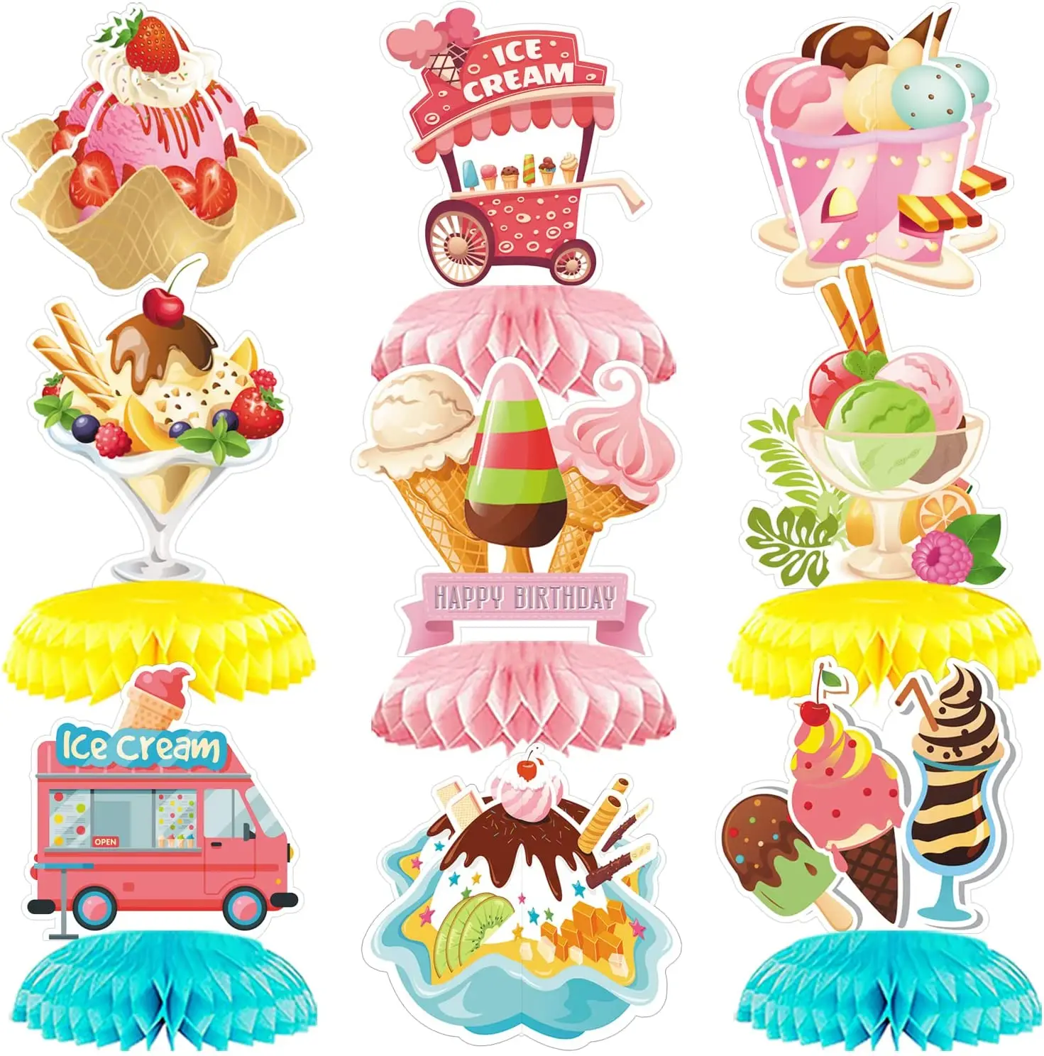 

FANGLELAND 9 Pieces Ice Cream Party Decorations Icecream Ice Cream Honeycomb Ornament Kids Birthday Party Table Decorations