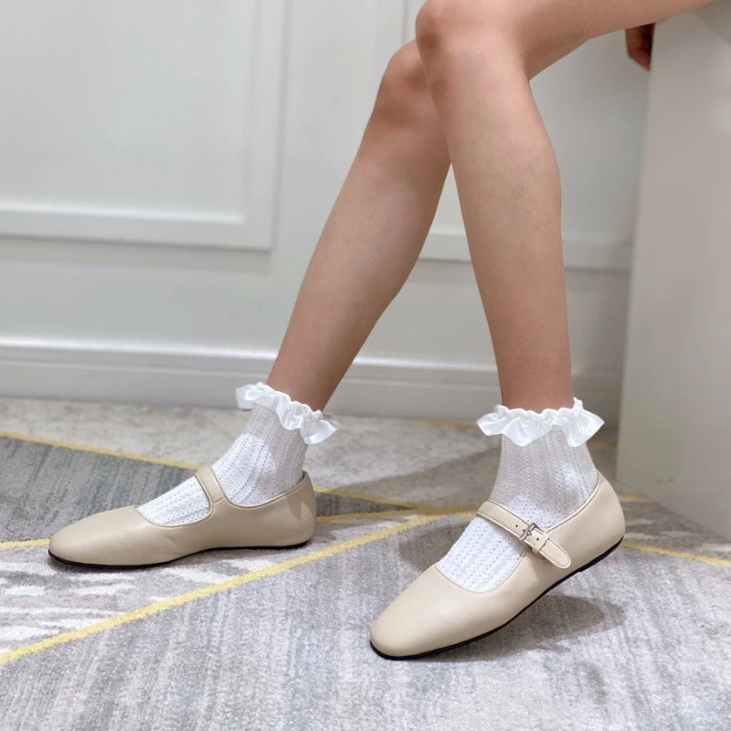 

Retro Soft Genuine Leather Falts Pumps Square Round Toe Casual Elegant Mary Jane Shoes Commuter Shallow Cut Ballet Shoes Zapato