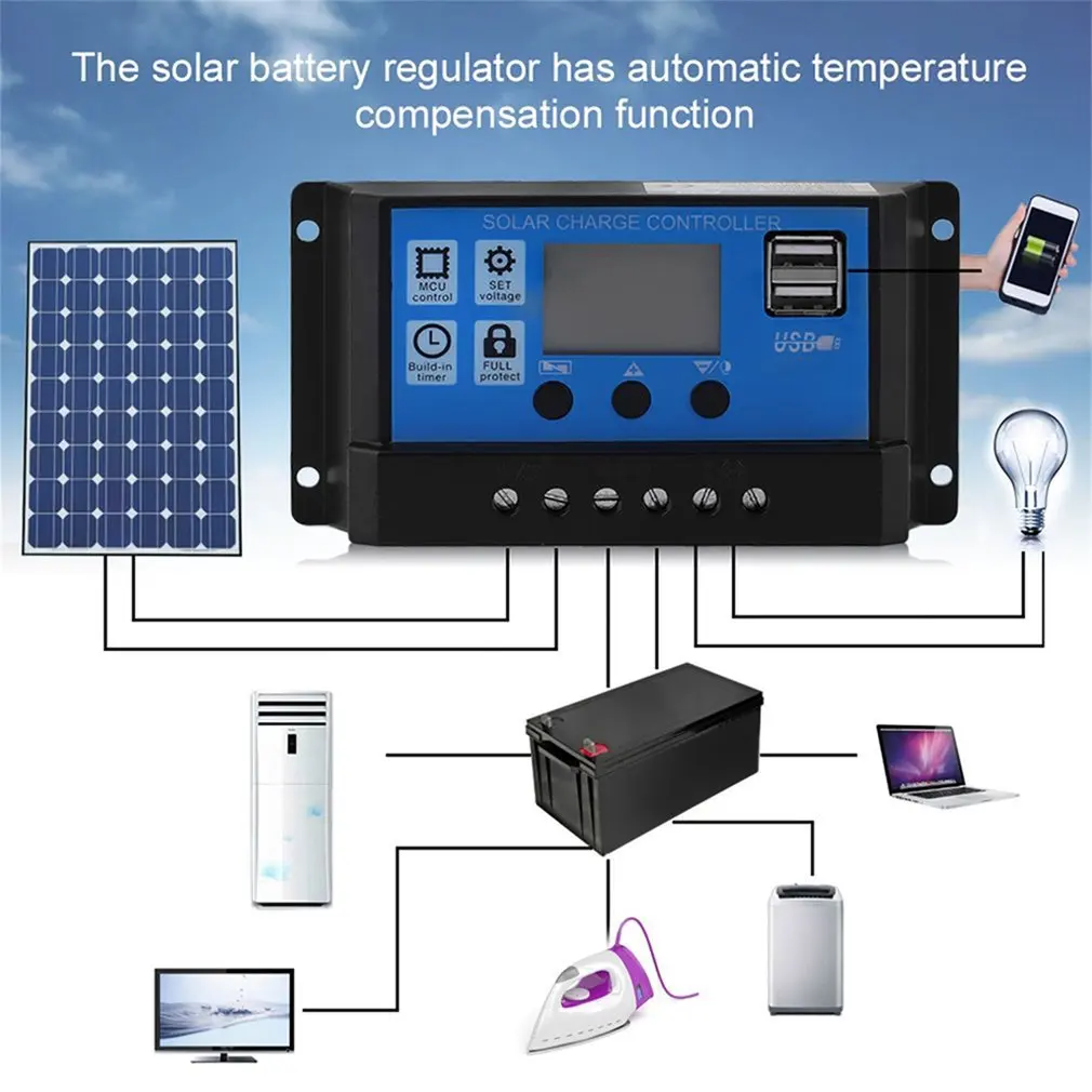 

Solar Charge Controller 12V/24V Lithium Lead-acid Battery Solar Controller PMW Charging Management Solar Charger Regulator 10A