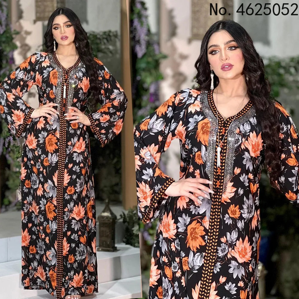 

Arabic Dubai Muslim Print Dresses For Women 2022 Ladies Clothing Long Sleeve Kaftan Maxi Dress Elegant Party Vestidos Boho Gown