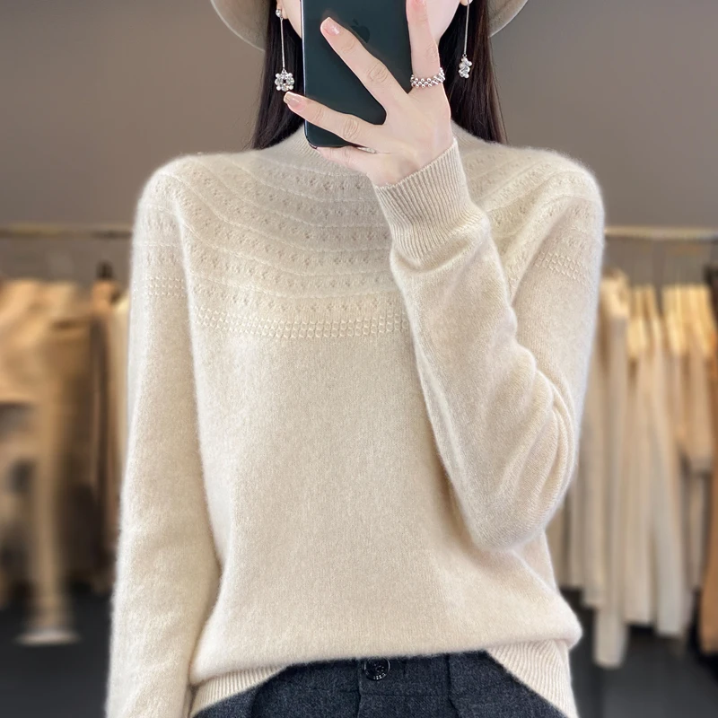 

Autumn And Winter New 100% Wool Lined Readymade Garment Hollow Out Women's Half Height Pullover Cashmere Sweater Knitted Sweater