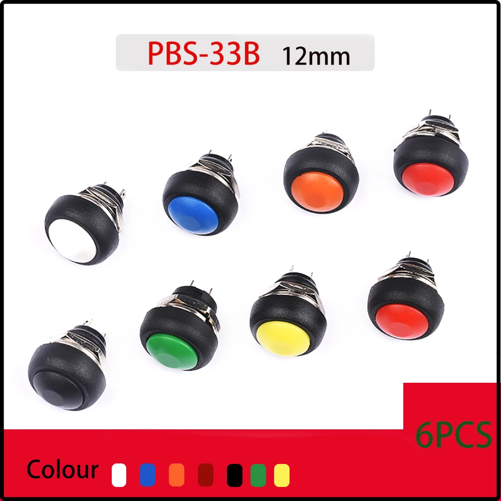 

6Pcs PBS-33B push button switch 12MM small waterproof self-reset switch round power lock-free reset switch spherical