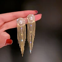 geometric round crystal rhinestone earrings for women bijoux golden long tassel dangle earrings weddings jewelry