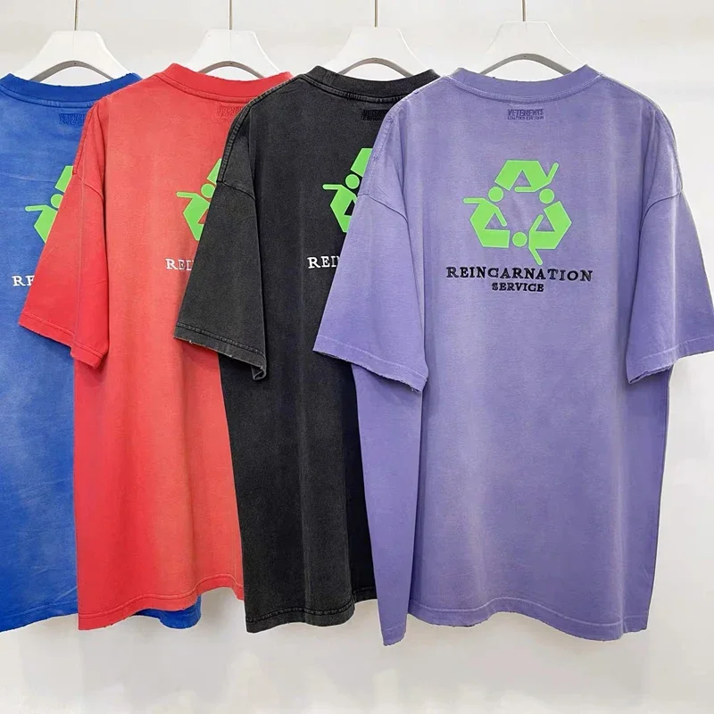 

VTM Embroidered Letter T-Shirts Pure Cotton Oversized Men Women 1:1 Washed Purple Gradient Dye Short Sleeves