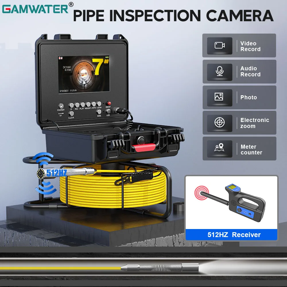 

GAMWATER Pipe Inspection Camera with 512Hz ( Locator) Self-Leveling 7" DVR Meter Counter 23MM Pipeline Industrial Endoscope