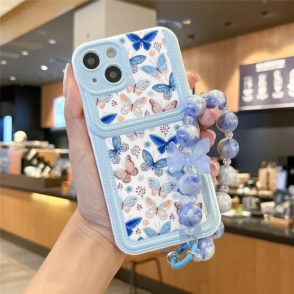 

Blue Butterfly Bead Chain Phone Cover Case for iPhone 14 13 12 11 Pro Max 14 13 12