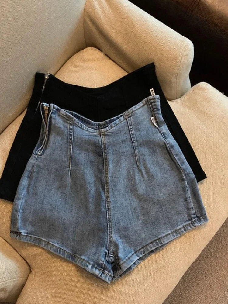 

2023 Spring New Women Solid Color Denim Short Pants A-line High Waist Zipper Short Jeans Female Streetwear Simple Basic Chic