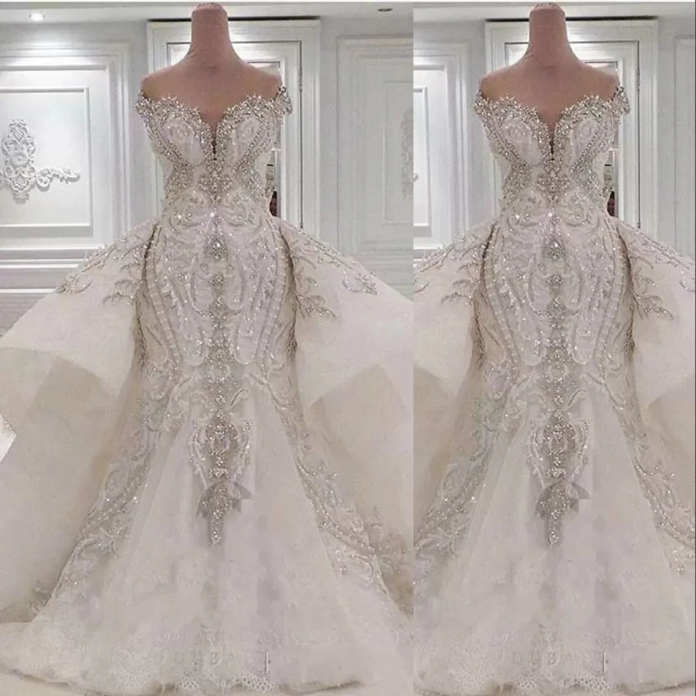 

Crystal Luxury Mermaid Wedding Dresses Bridal Gowns Overskirts Off Shoulder Lace Ruched Sparkle Rhinstone Dubai Vestidos 2023