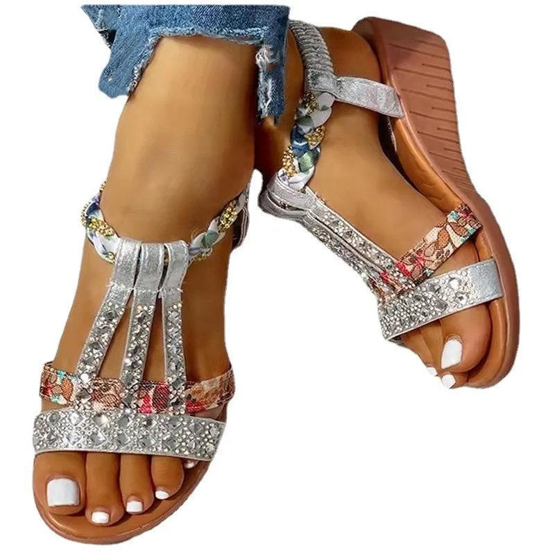 Women Wedge Sandals Summer 2022 New Bohemia Casual High Heels Sandals Fashion Female Peep Toe Rhinestones Outdoor Beach Shoes