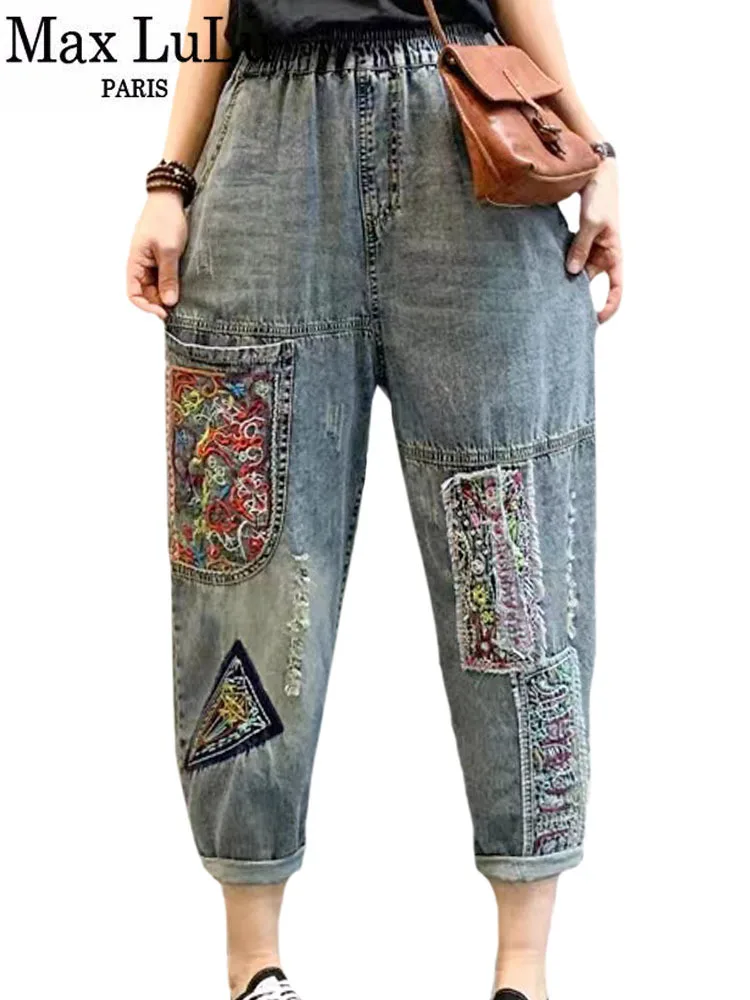 Женские джинсы с вышивкой Max LuLu Свободные повседневные винтажные брюки-шаровары