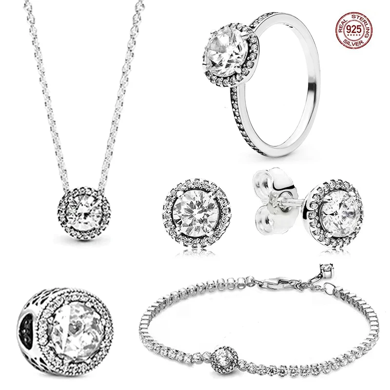 

Classic Fashion 925 Sterling Silver Shiny Round Zircon Pendant Necklace fit Original Pandora Delicate Bead DIY Gift