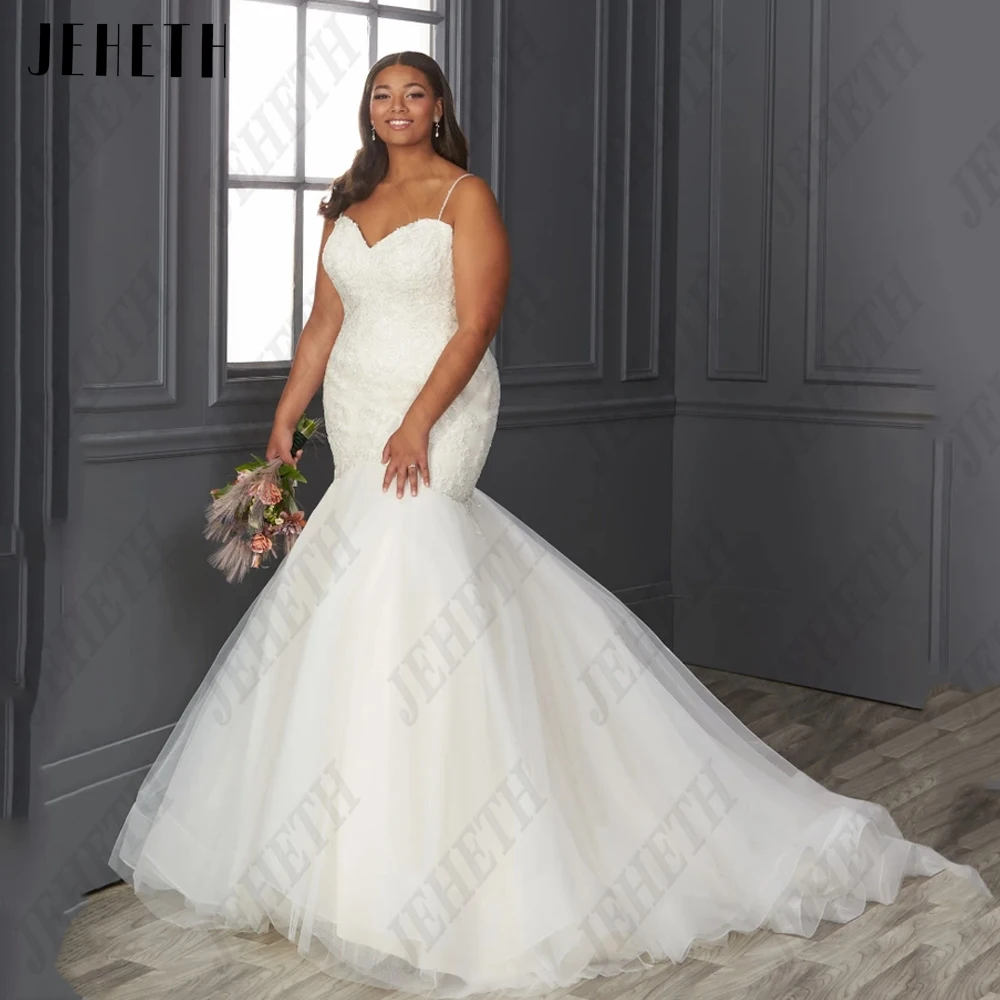 

JEHETH Plus Size Wedding Dresses Spaghetti Straps Sleeveless Sweetheart Bride Gowns Mermaid Tulle Applique vestidos de novia