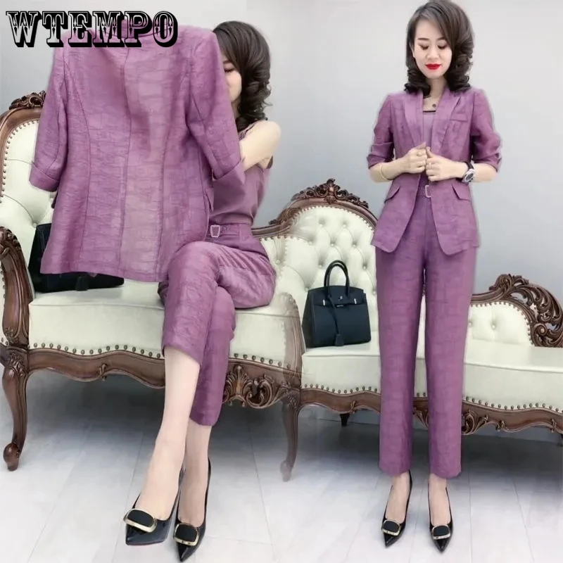 Blazer Suit Female Elegant Summer Korean Slim Suit Suspenders Straight Pants Three Piece Sets Fashion Loose Notched Casual Set