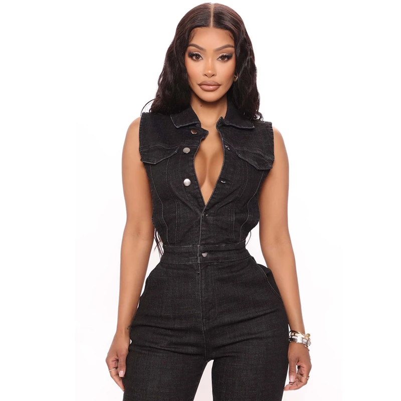 Комбинезон джинсовый женский облегающий без рукавов пикантный хлопковый