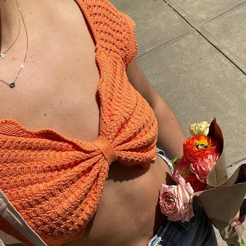 

Solid Short Sleeve Crochet Knitted V-neck Bowknot Crop Tops for Women Summer y2k Aesthetic Casual Basic T-shirts Tops