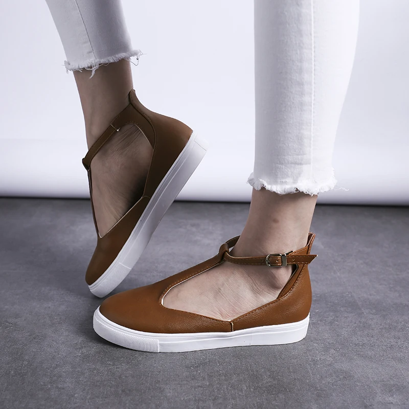 

Flats Women's Shoe Spring Autumn 2022 New Trends Comfortable Roman Vulcanized Shoes Brown Casual PU Leather Buckle Light Loafers