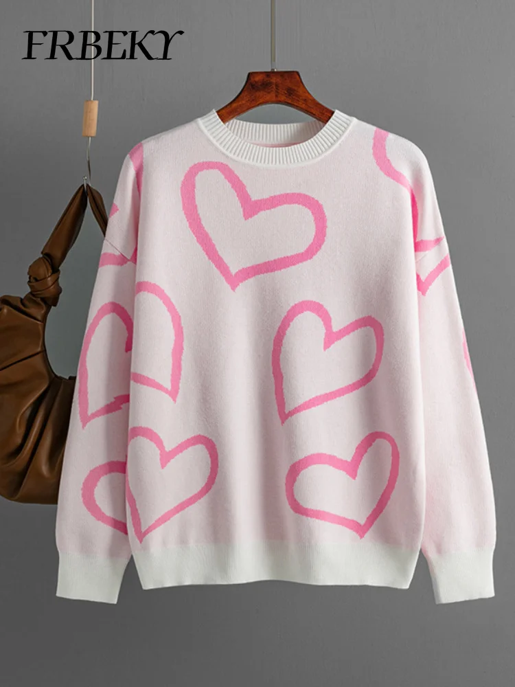 

Women's Sweater Autumn and Winter New Round Neck Love Print Sweater Loose Drawn Knit Sweater Jumper