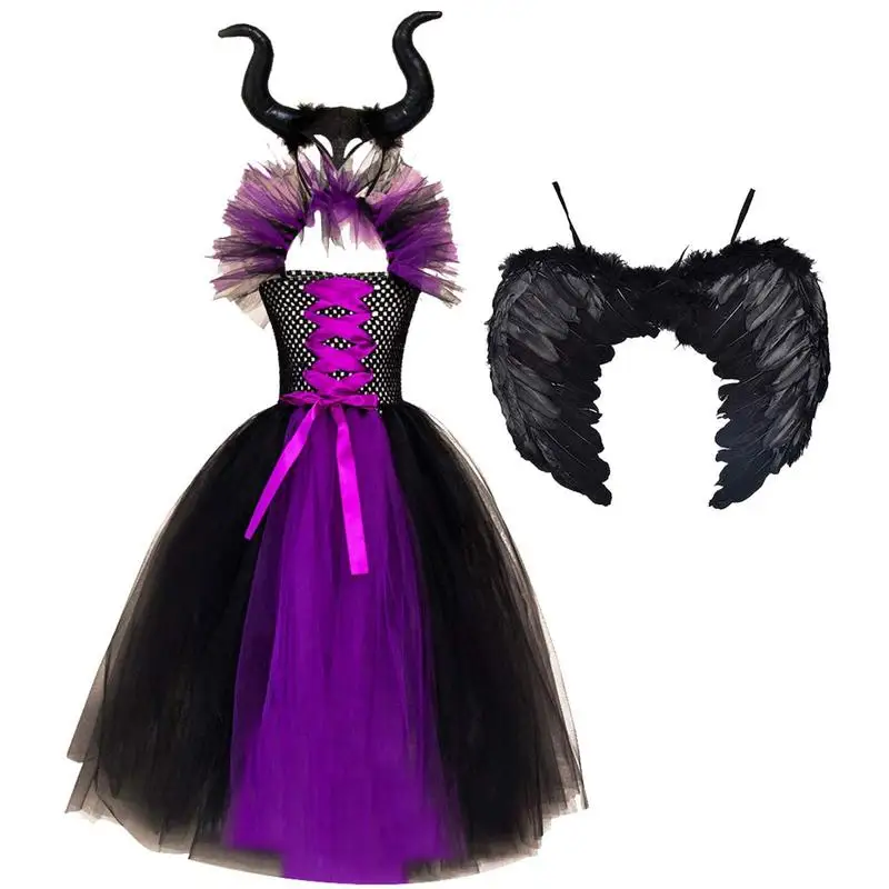 

Детский костюм на Хэллоуин для девочек, платье ведьмы, Рождественская вечеринка, Детский костюм вампира с черными крыльями для косплея, новогоднее платье-пачка для девочек