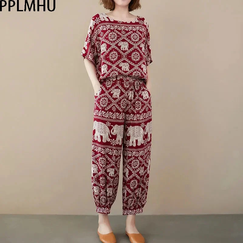 

Повседневная Женская футболка из двух предметов, свободные топы 2022, шаровары, Летняя женская одежда с принтом для дома, женская одежда