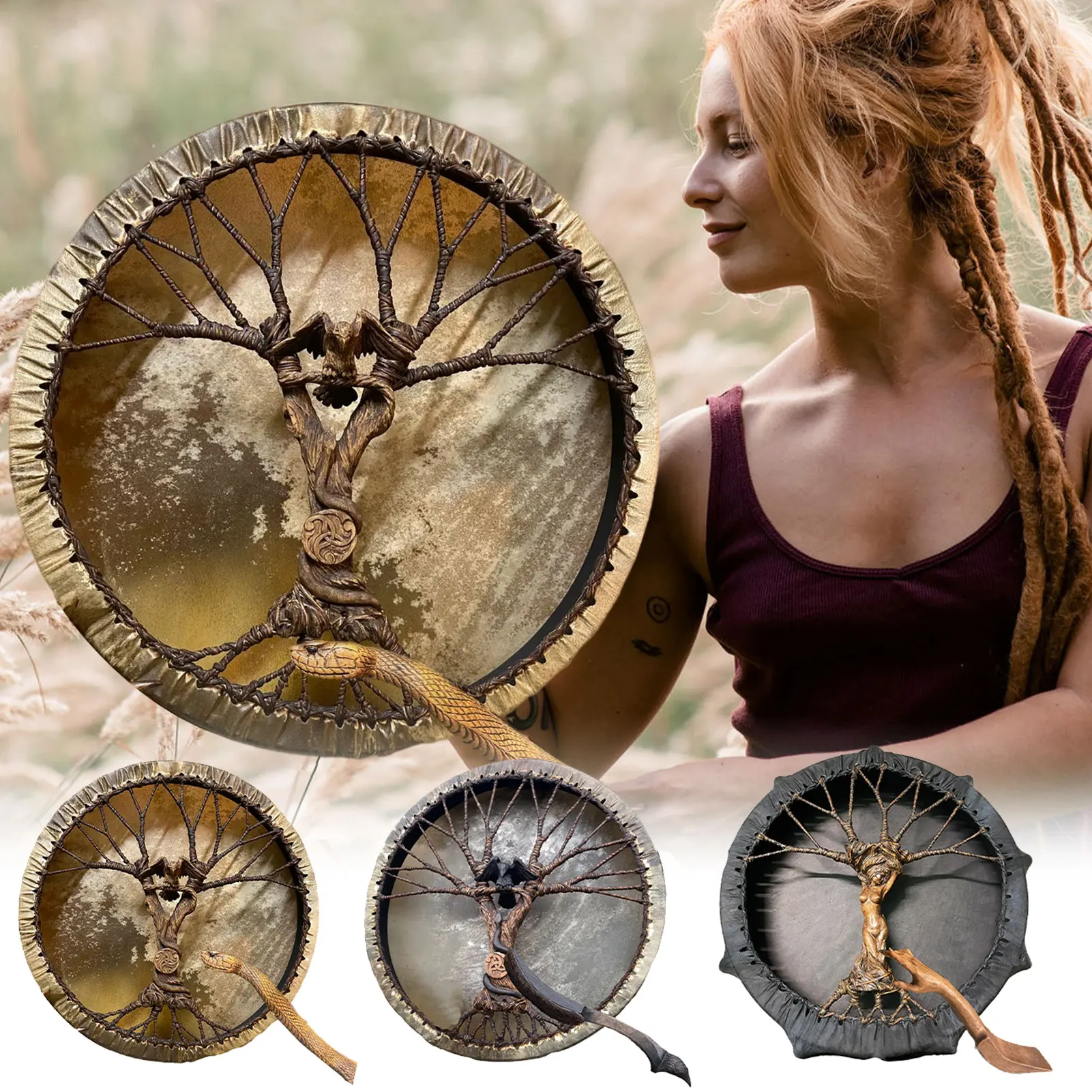 

Handmade Wooden Shaman Drum Tree-of-Life Siberian Drum with Drumstick Sound Healing Adult Meditation Home Decoration Craft Gift