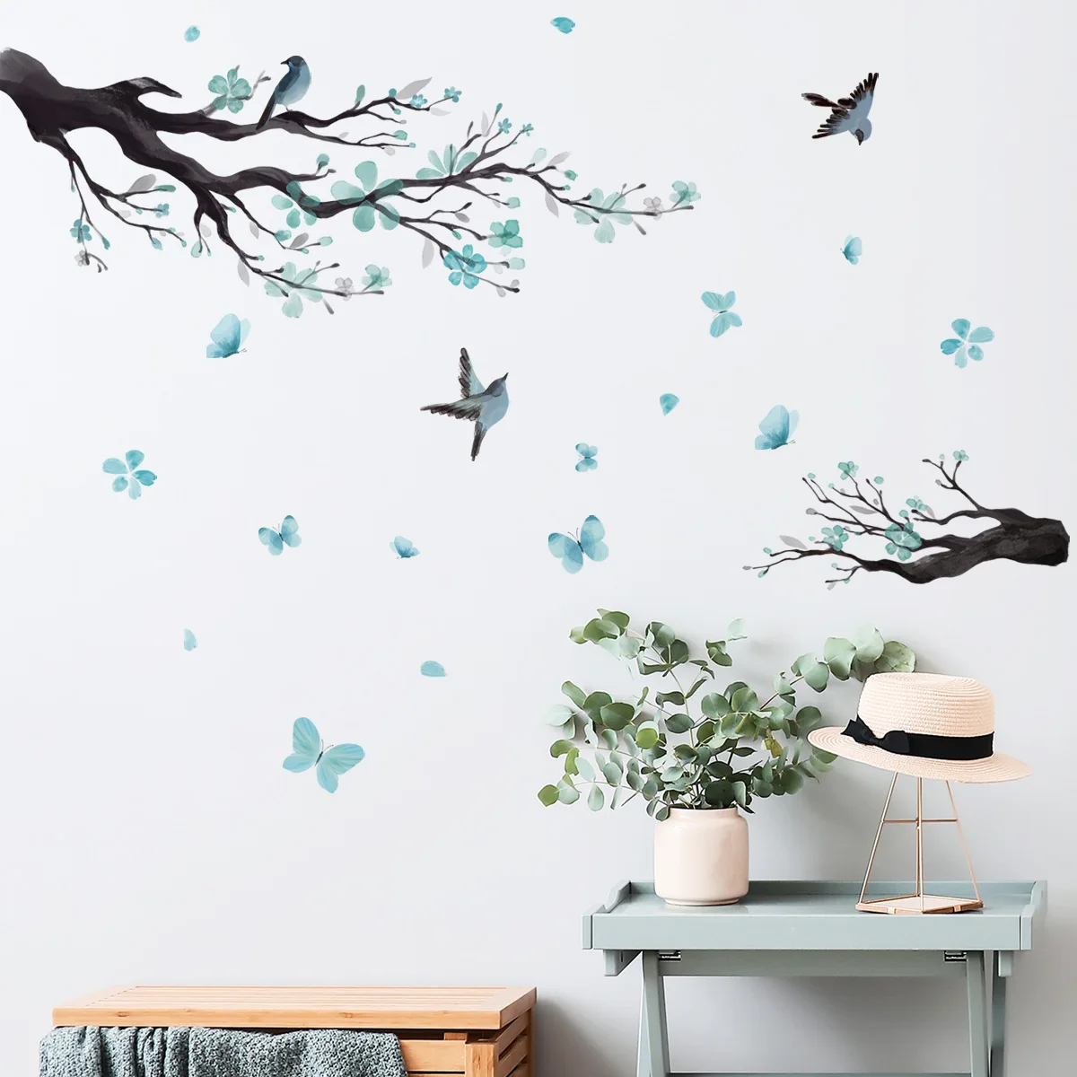 

Tree Wall Stickers Blue Butterfly Plants Decor Peel Stick Bedroom Decals for Girl Living Room Botanical Art Interior Decoration