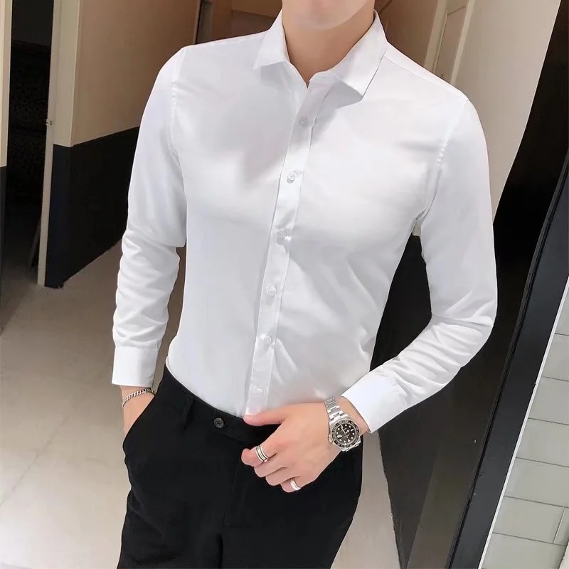 

2023 New Fasion Cotton Lon Sleeve Sirt Solid Slim Fit Male Social Casual Business Wite Black Iron-free Dress Sirts 5XL ift